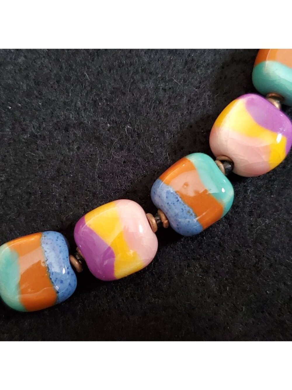 Vintage Beaded Necklace Choker Glazed Ceramic Purple Blue Green 15"